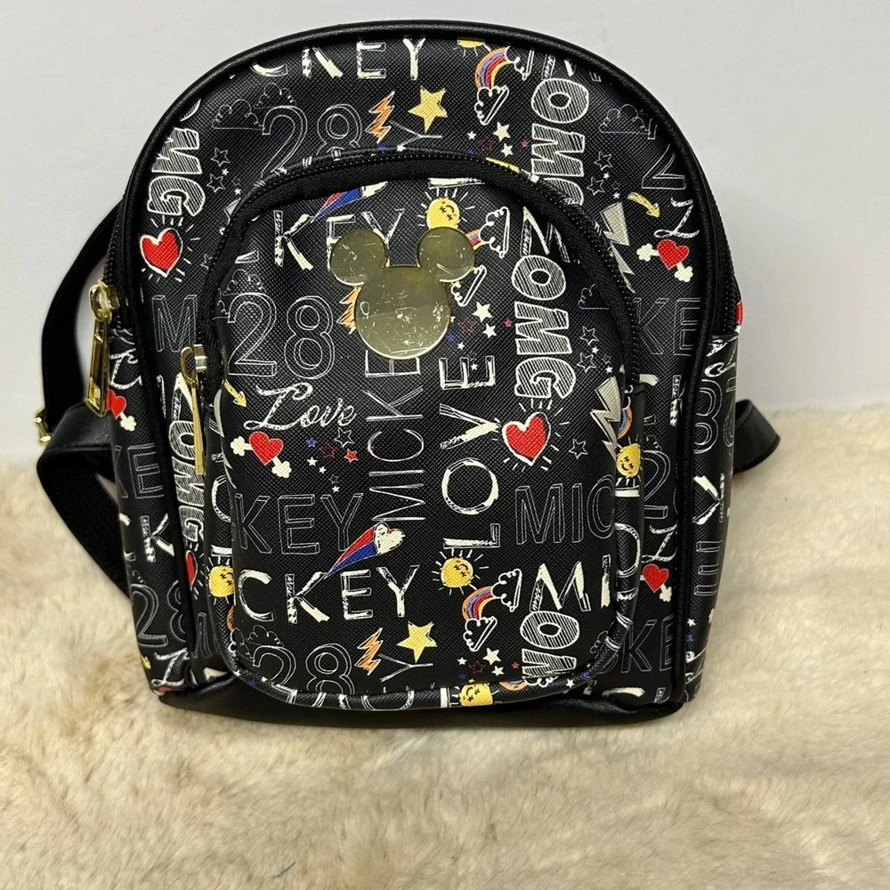 Disney Mickey Mouse Mini Backpack Black Graffiti Print Gold Plaque Kids Bag